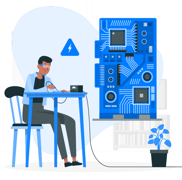 Homem soldando um equipamento eletrônico